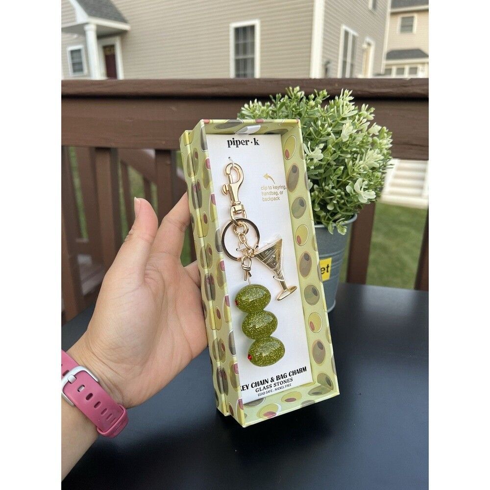 Piper K Martini with Olive Keychain Bag Charm Glass Stones NIB Christmas gift